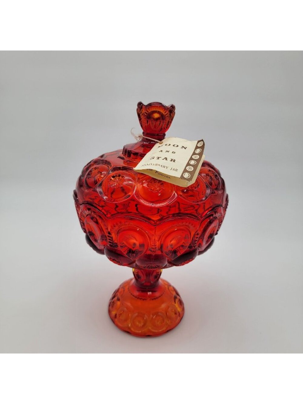 Vintage L.E. Smith Moon & Star Amberina Anniversary Jar Lidded Compote With Tag